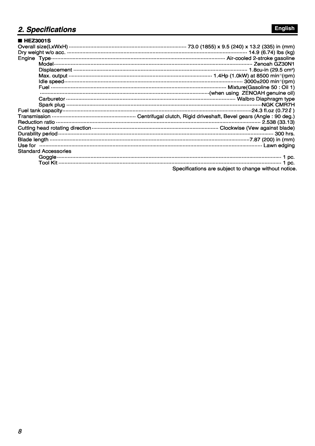 RedMax HEZ2401S, HEZ2602S manual Specifications, English, HEZ3001S 