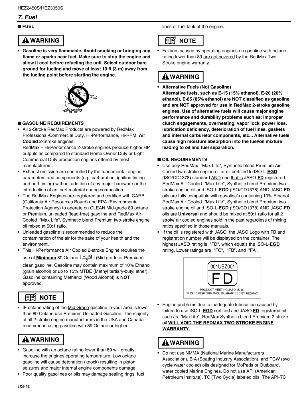 RedMax HEZ3050S, HEZ2450S manual Fuel, Gasoline Requirements, OIL Requirements, Warranty 