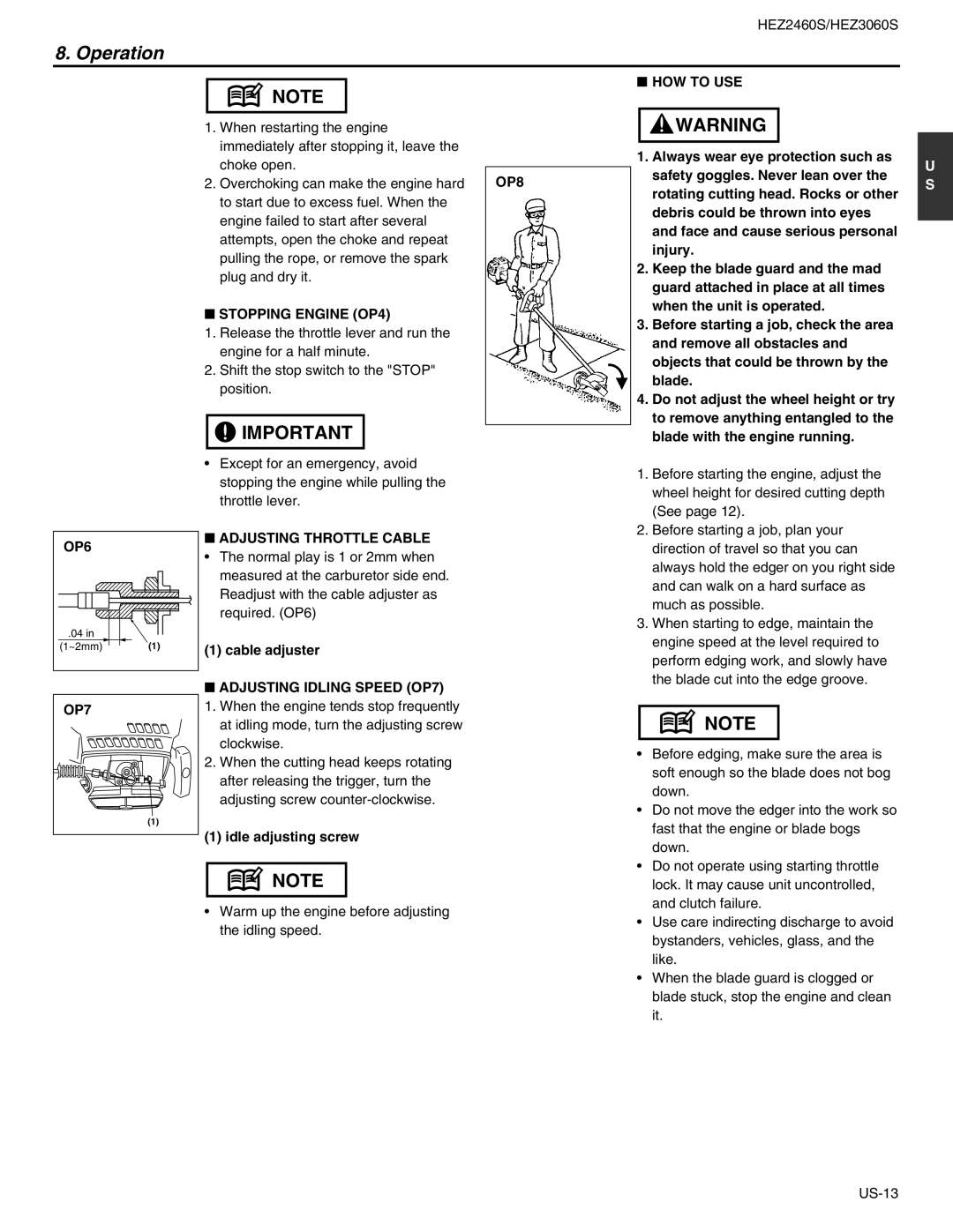 RedMax HEZ2460S manual Stopping Engine OP4, OP8 HOW to USE, OP6, Adjusting Throttle Cable, Adjusting Idling Speed OP7 