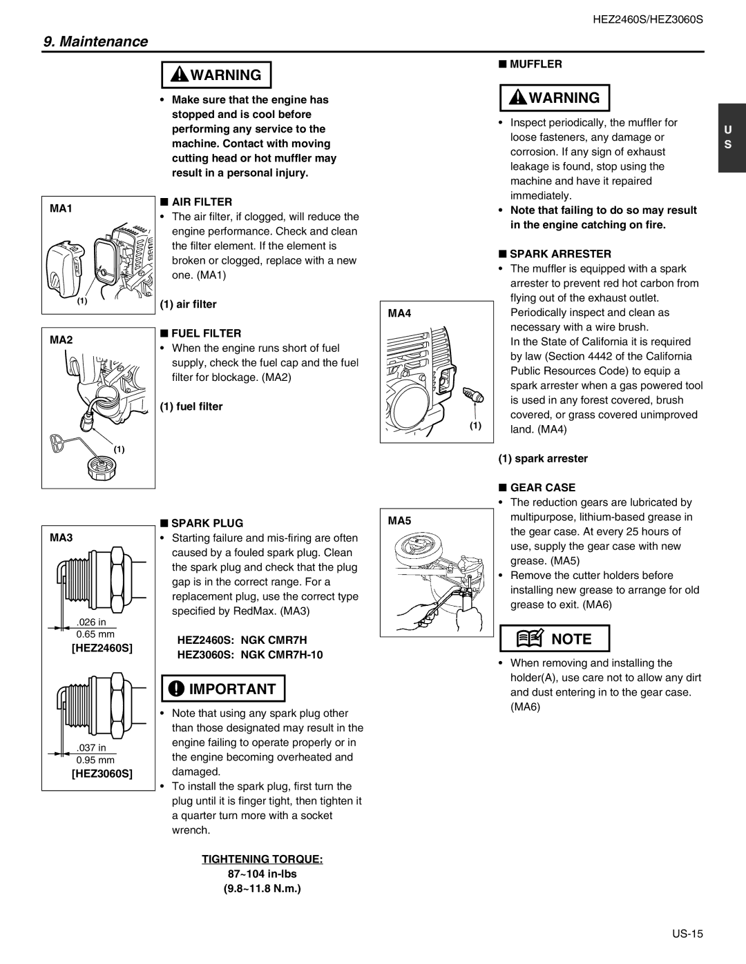 RedMax MA1 AIR Filter, Muffler, MA4, Spark Arrester, MA2, Fuel Filter, MA3, Spark Plug, HEZ2460S NGK CMR7H, Gear Case 