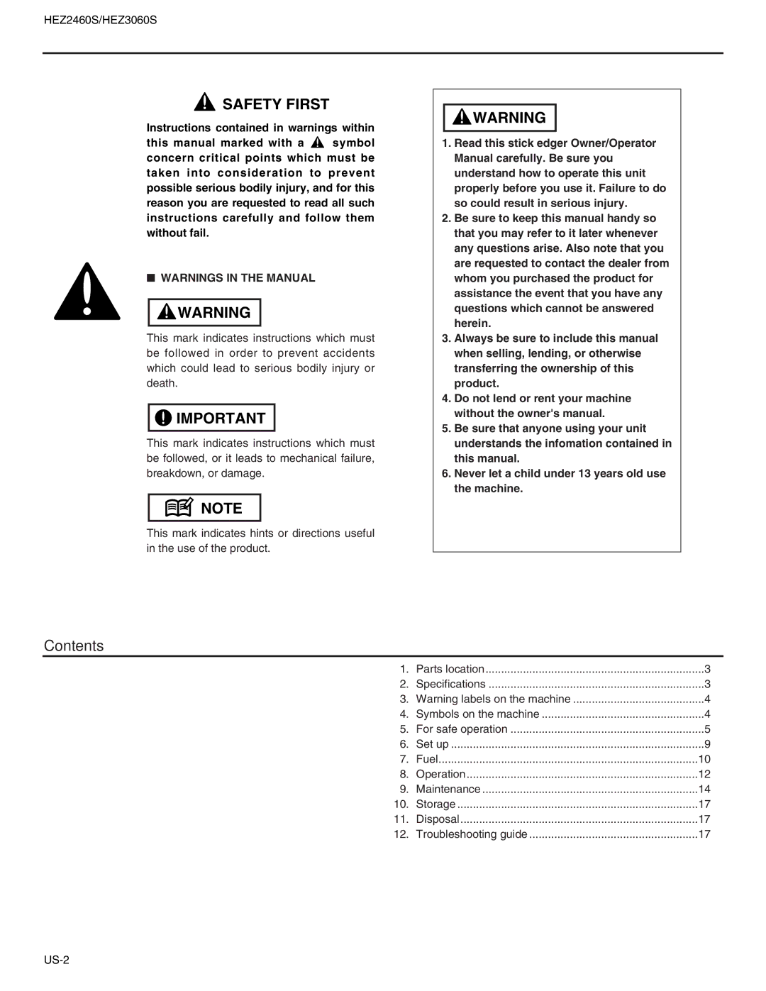 RedMax HEZ3060S, HEZ2460S manual Contents 