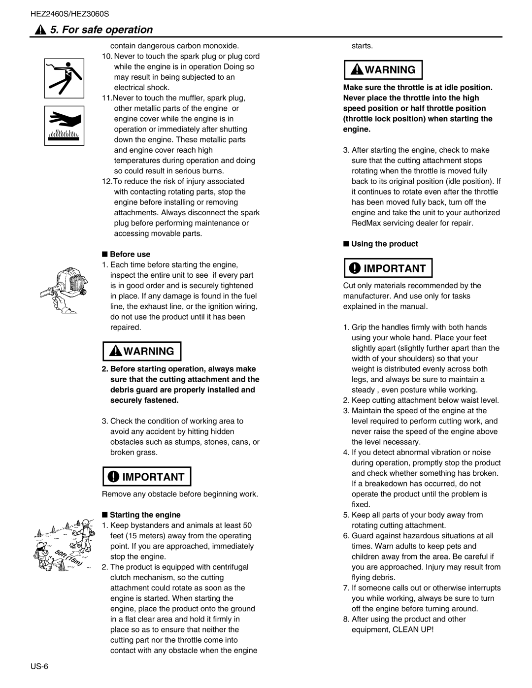 RedMax HEZ3060S, HEZ2460S manual Before use, Starting the engine, Using the product 