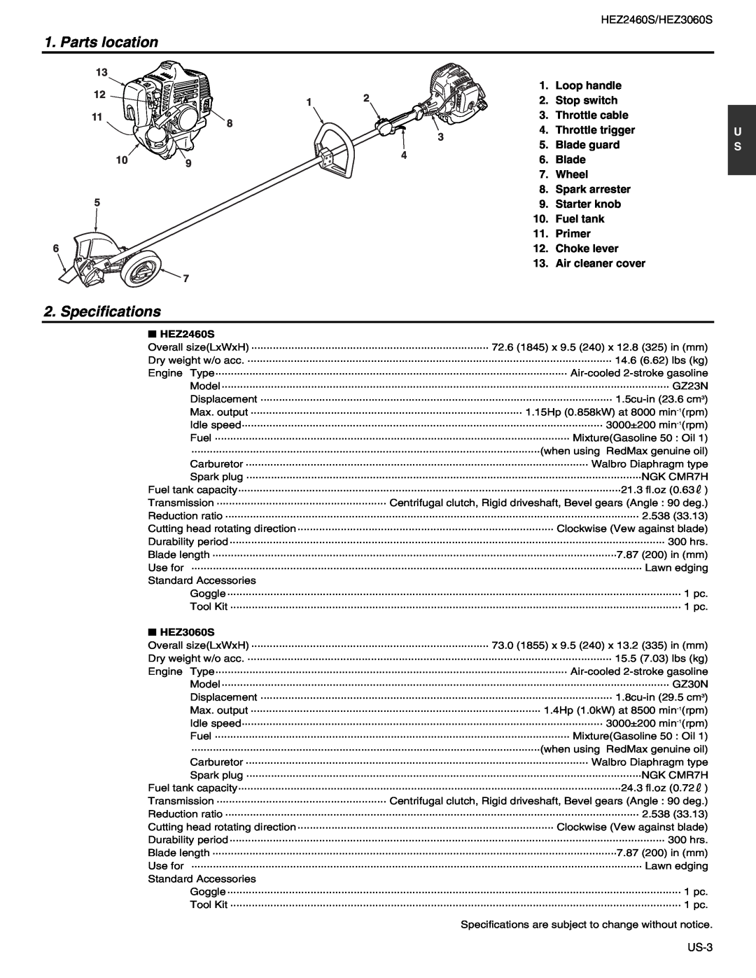 RedMax HEZ2460S, HEZ3060S manual Parts location, Specifications 