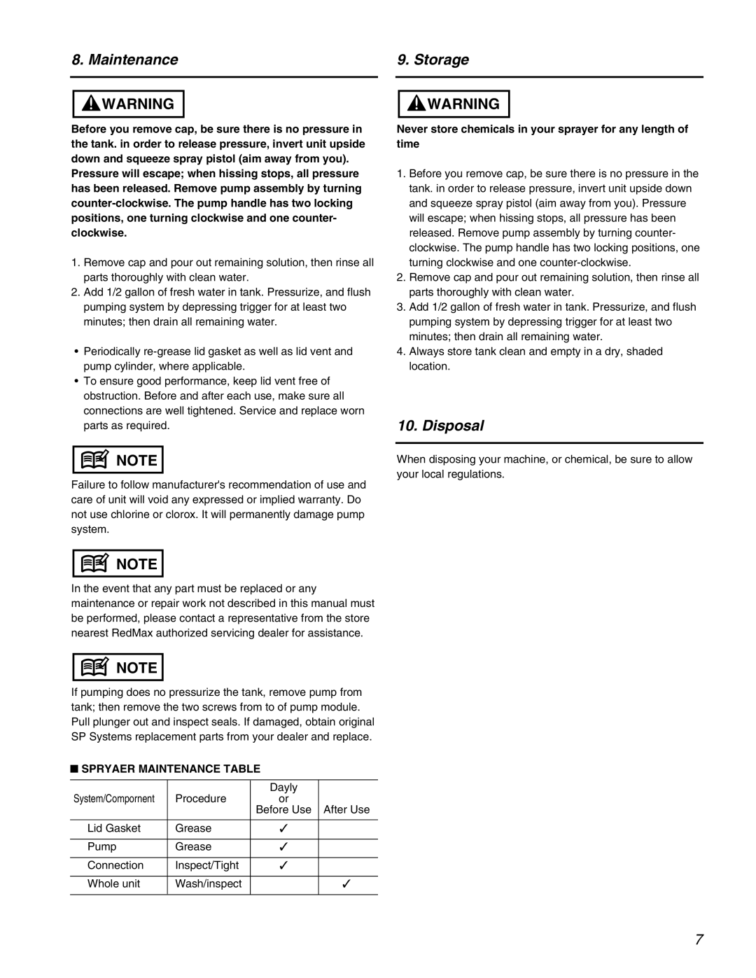 RedMax HM20 manual Storage, Disposal, Spryaer Maintenance Table 