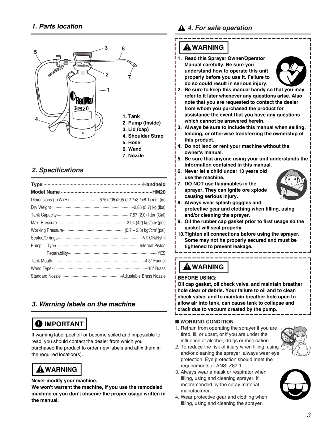 RedMax HM20_letter_801 manual Parts location For safe operation, Specifications, Before Using, Working Condition 