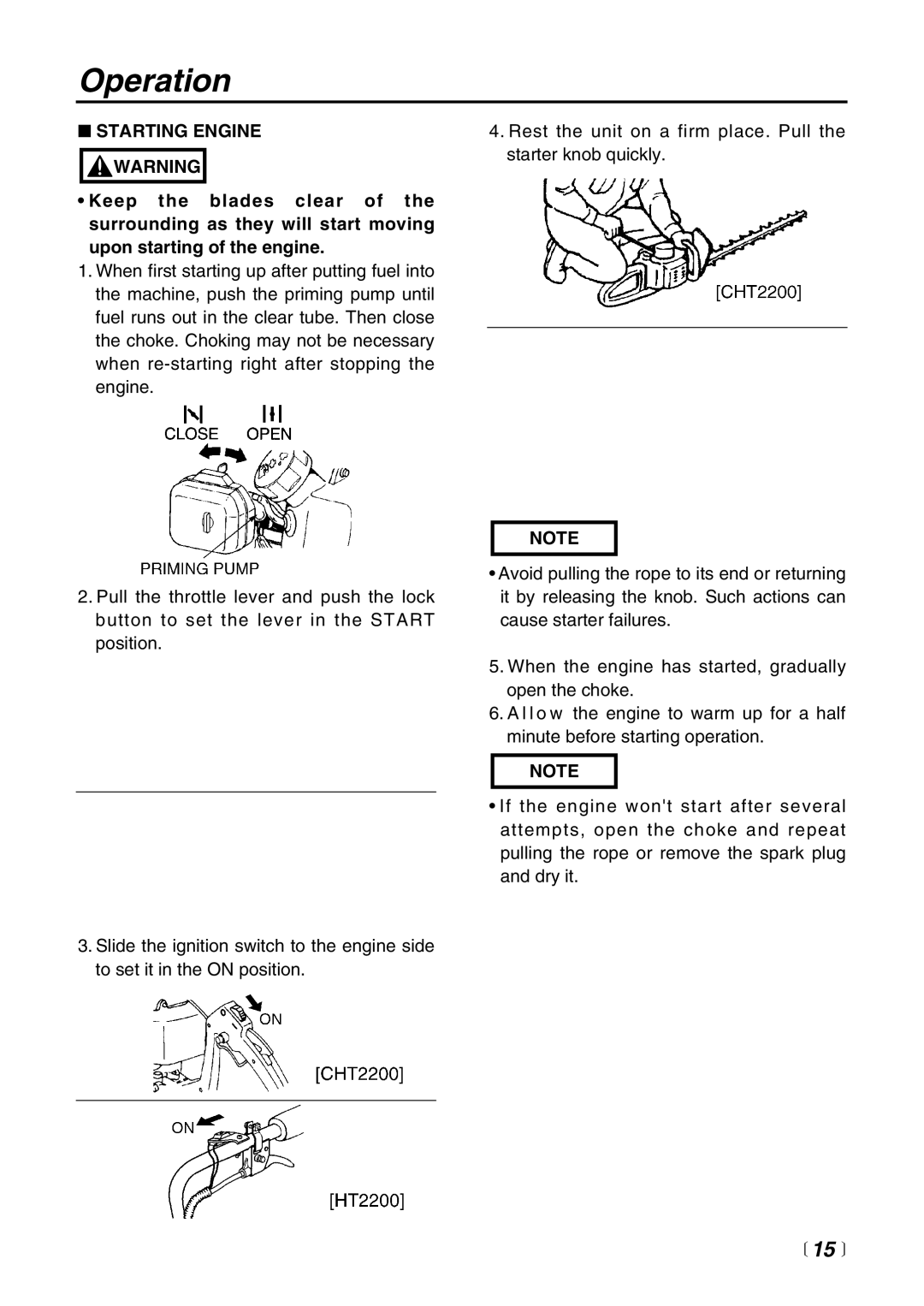 RedMax CHT2200 manual Operation, Starting Engine Warning 