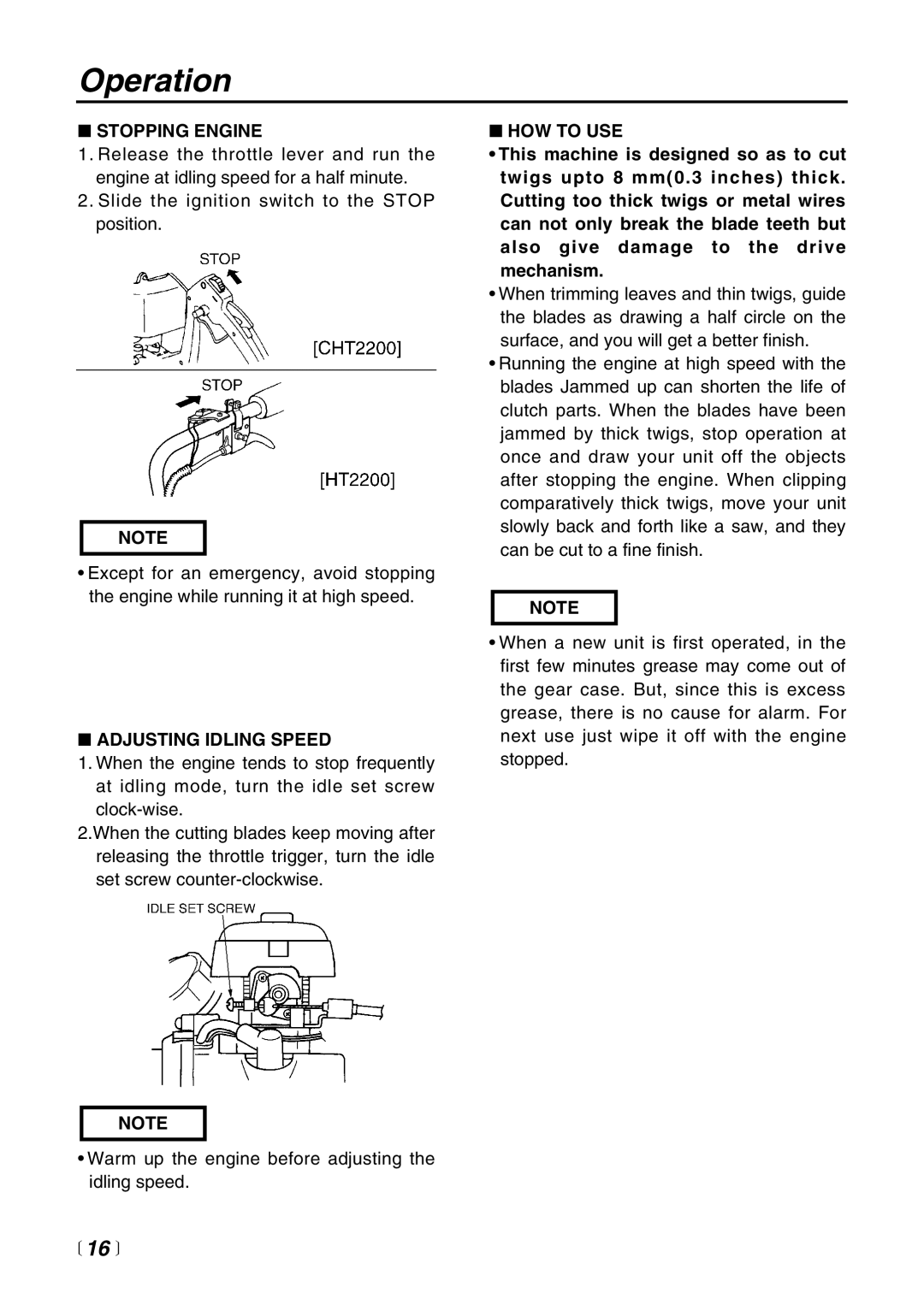 RedMax CHT2200 manual Stopping Engine, Adjusting Idling Speed, HOW to USE 