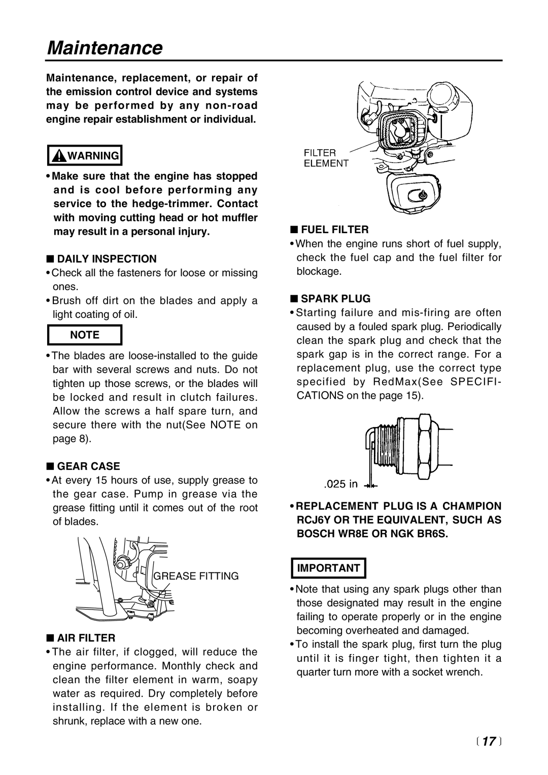 RedMax CHT2200 manual Maintenance 