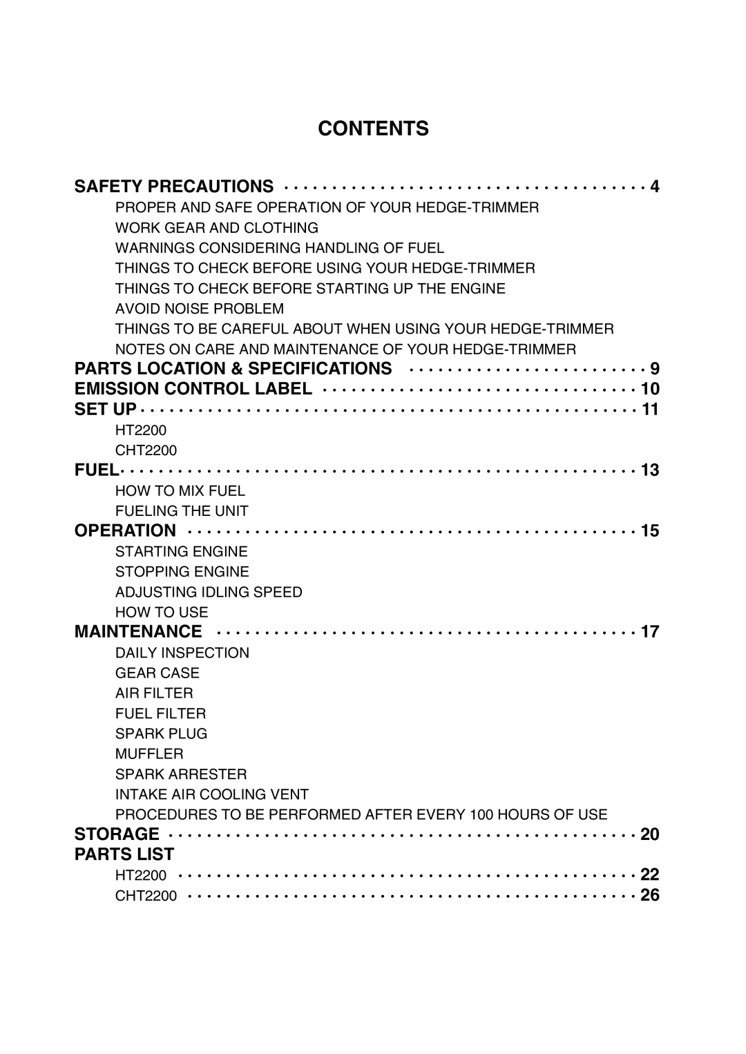 RedMax CHT2200 manual Contents 