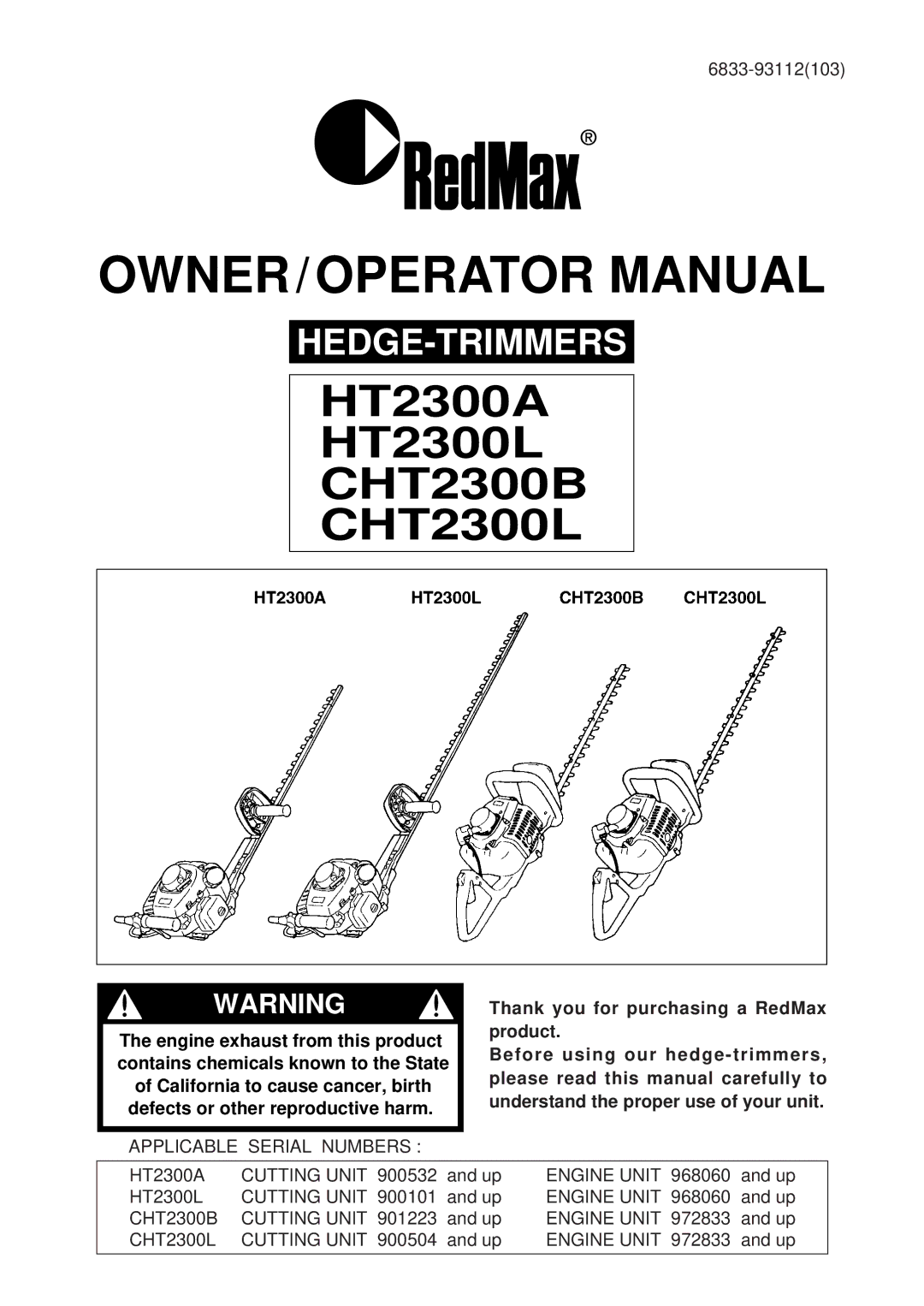 RedMax HT2300A, CHT2300L, CHT2300B manual Owner / Operator Manual 