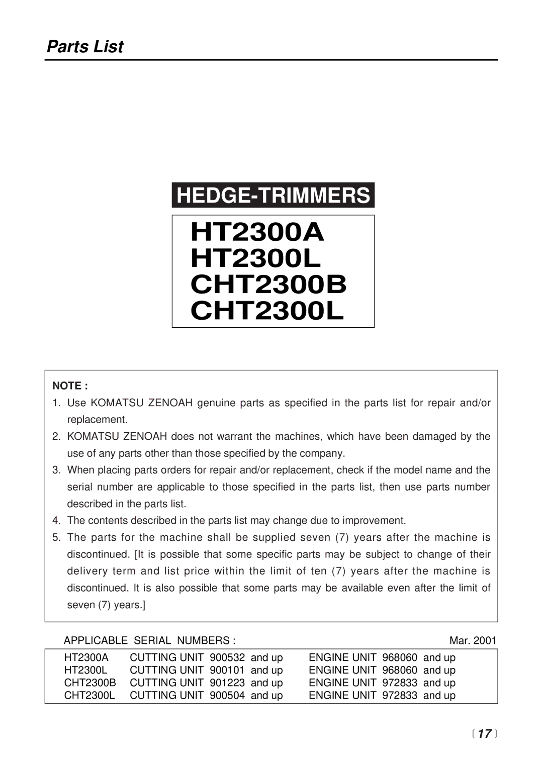 RedMax CHT2300B, HT2300A, CHT2300L manual Parts List 