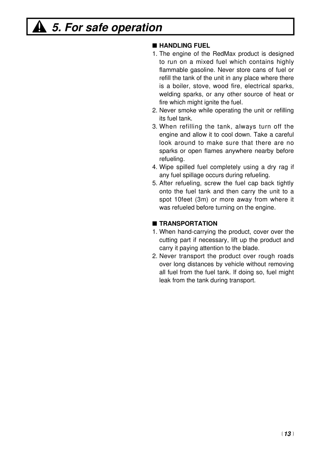 RedMax CHT2301 manual Handling Fuel, Transportation,  13  