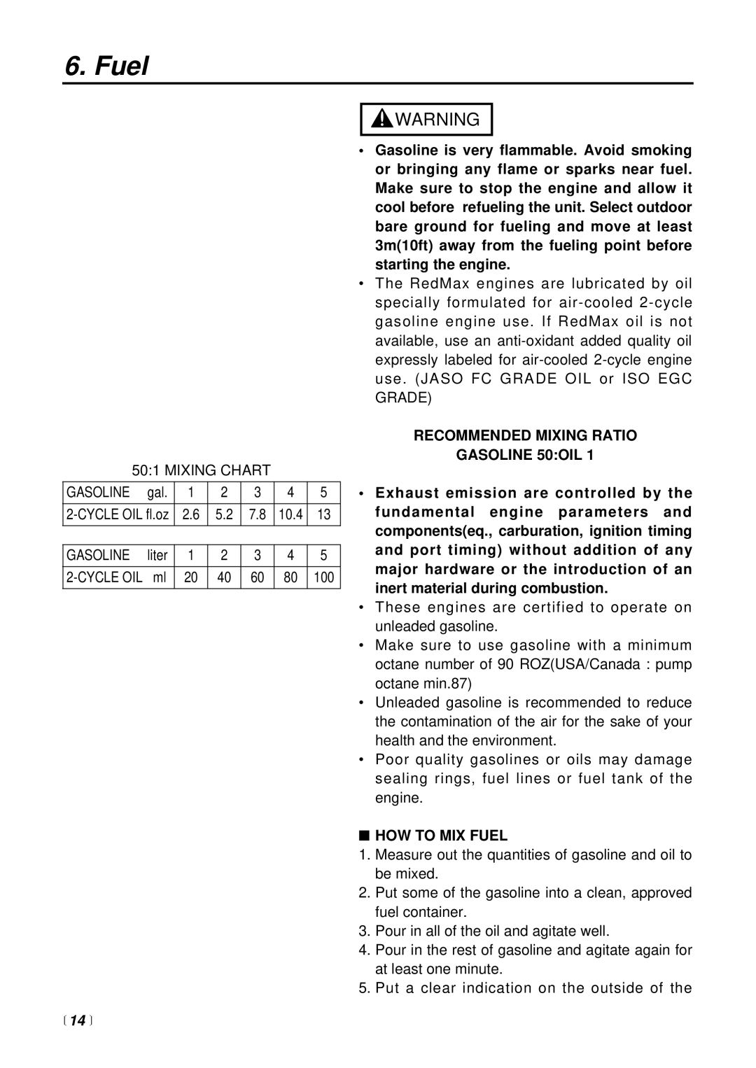 RedMax CHT2301 manual  14 , Recommended Mixing Ratio Gasoline 50OIL, HOW to MIX Fuel 