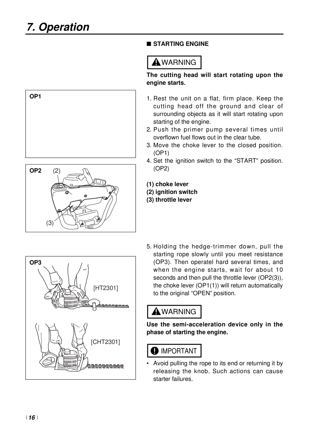 RedMax CHT2301 manual Operation, OP1 OP2 OP3, 16 , Starting Engine 