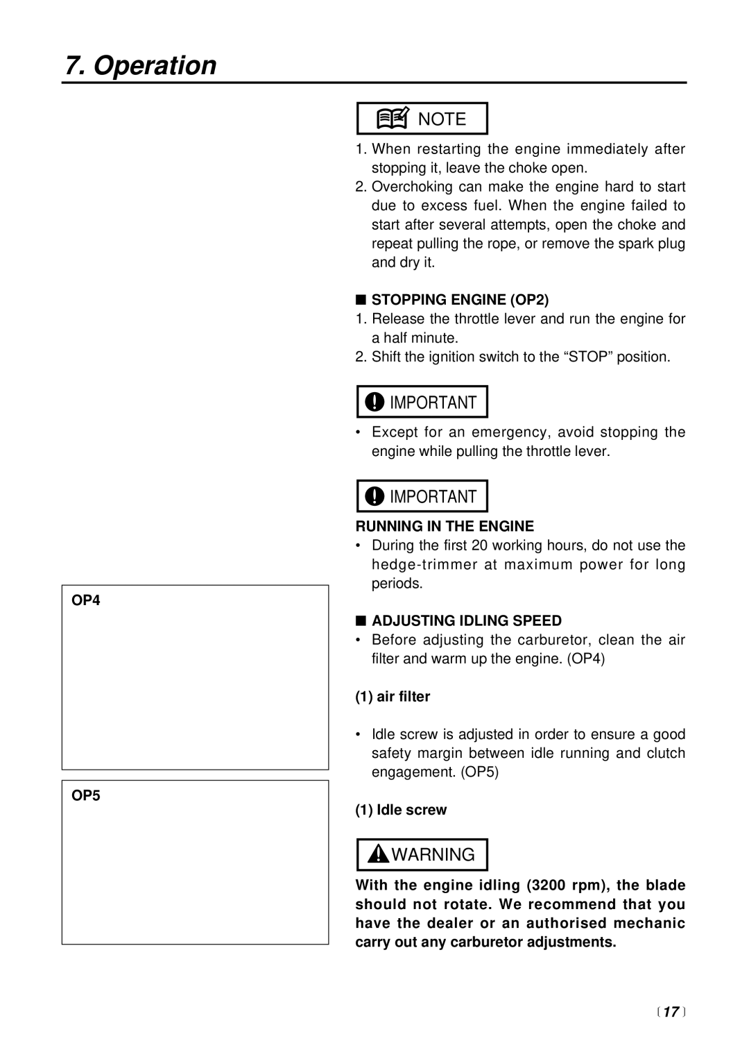 RedMax CHT2301 manual OP4 OP5, Stopping Engine OP2, Running in the Engine, Adjusting Idling Speed,  17  