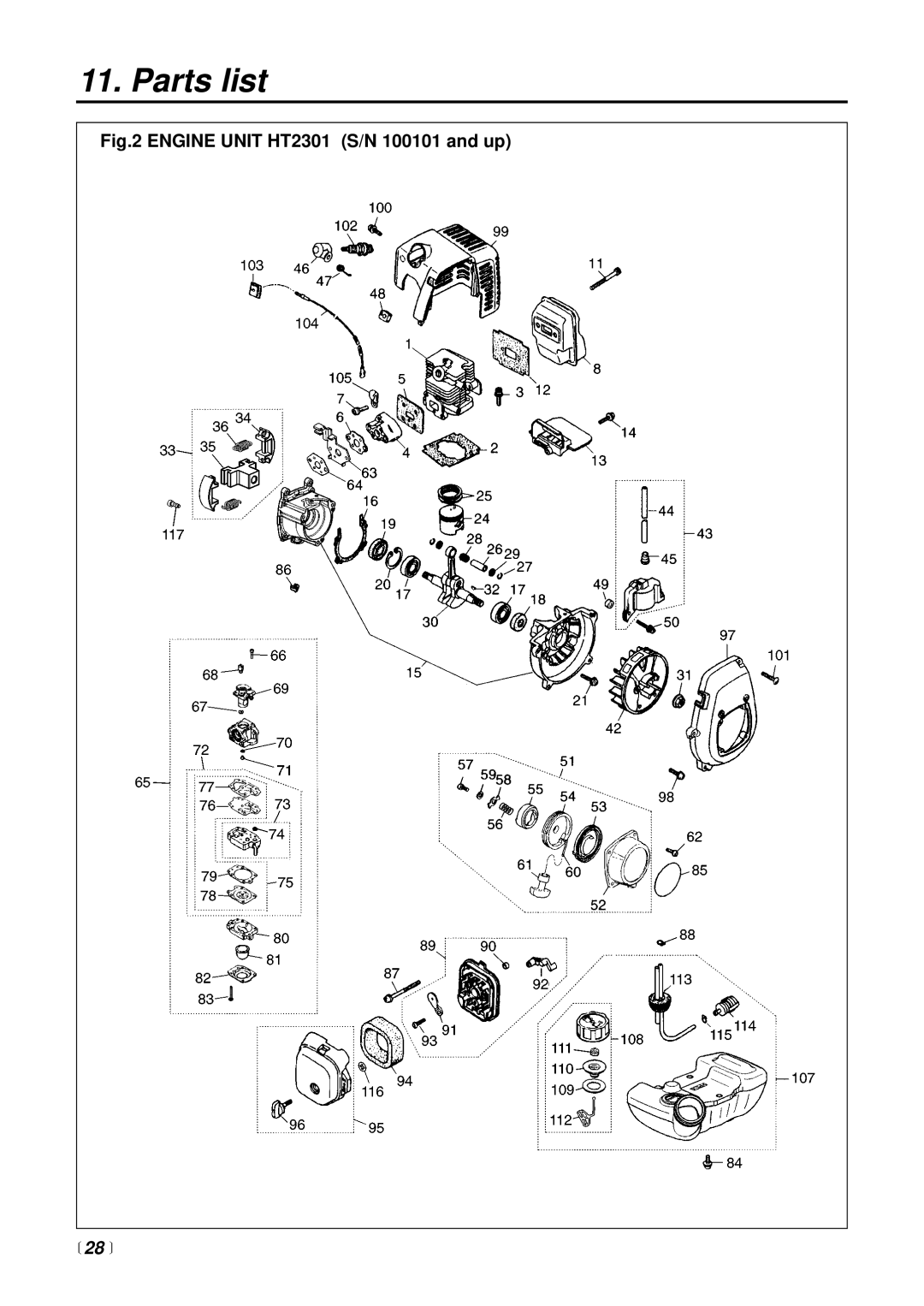 RedMax CHT2301 manual Engine Unit HT2301 S/N 100101 and up,  28  