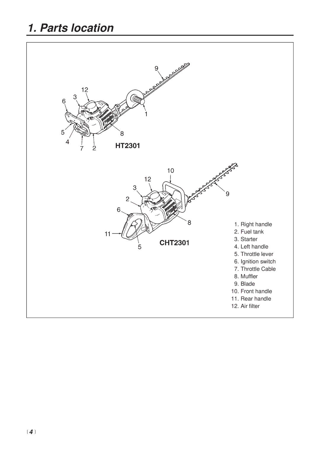 RedMax CHT2301 manual Parts location,  4  