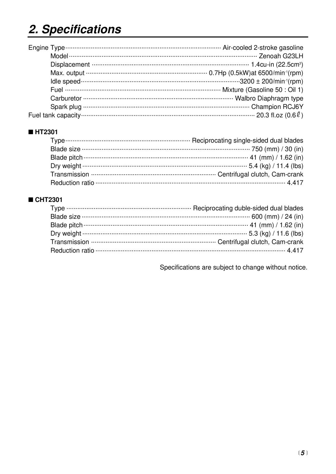 RedMax CHT2301 manual Specifications,  5  