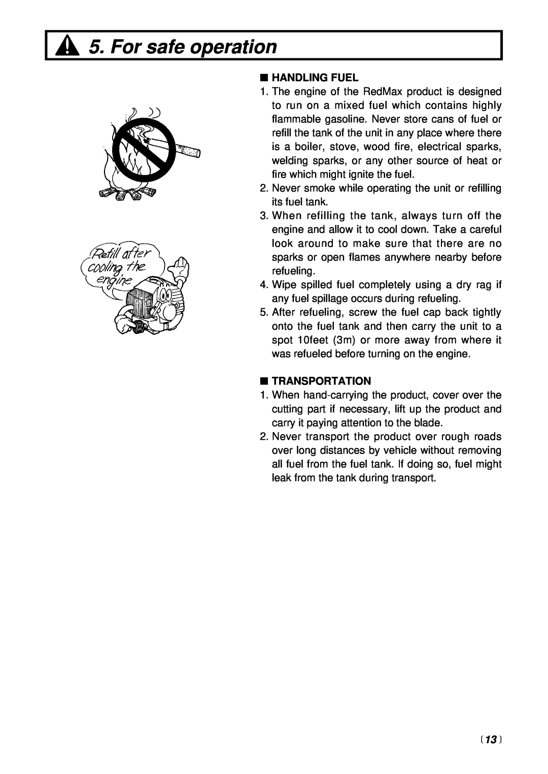 RedMax CHT2301 manual  13 , For safe operation, Handling Fuel, Transportation 
