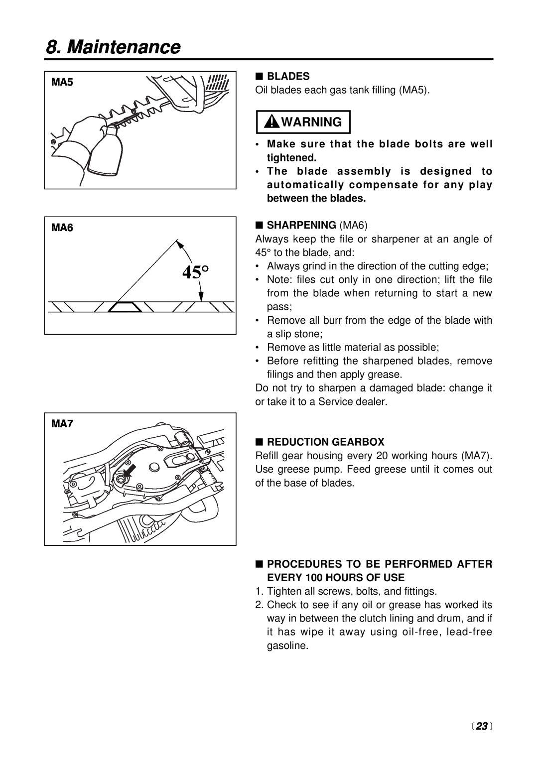 RedMax CHT2301 manual  23 , Maintenance, Blades, Make sure that the blade bolts are well tightened, SHARPENING MA6 