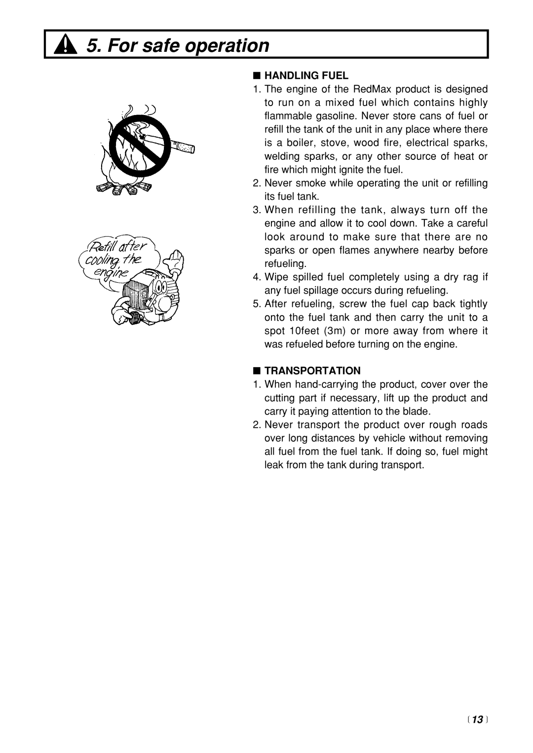 RedMax CHTZ2400 manual Handling Fuel, Transportation,  13  