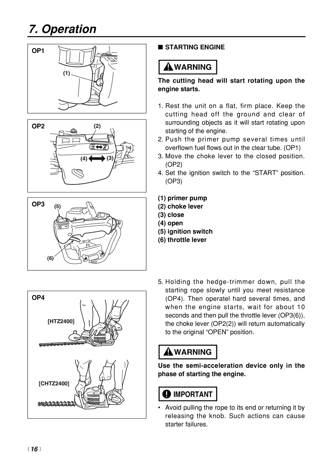 RedMax CHTZ2400 manual Operation, OP1, OP4, Starting Engine,  16  