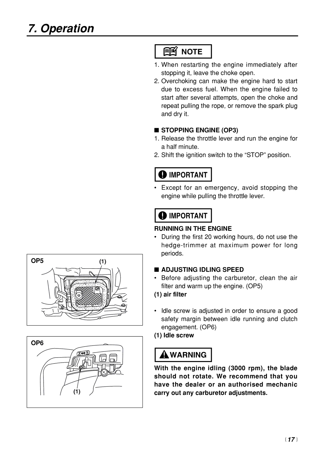 RedMax CHTZ2400 manual OP6, Stopping Engine OP3, Running in the Engine, Adjusting Idling Speed,  17  