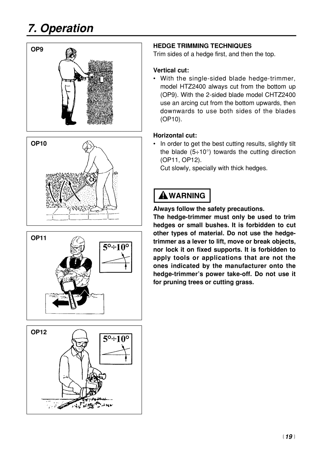 RedMax CHTZ2400 manual OP9, Hedge Trimming Techniques,  19  