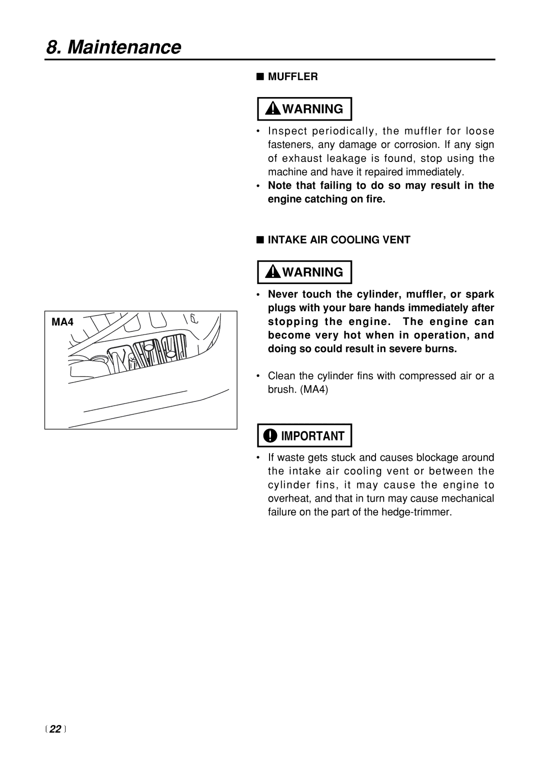 RedMax CHTZ2400 manual MA4 Muffler, Intake AIR Cooling Vent,  22  