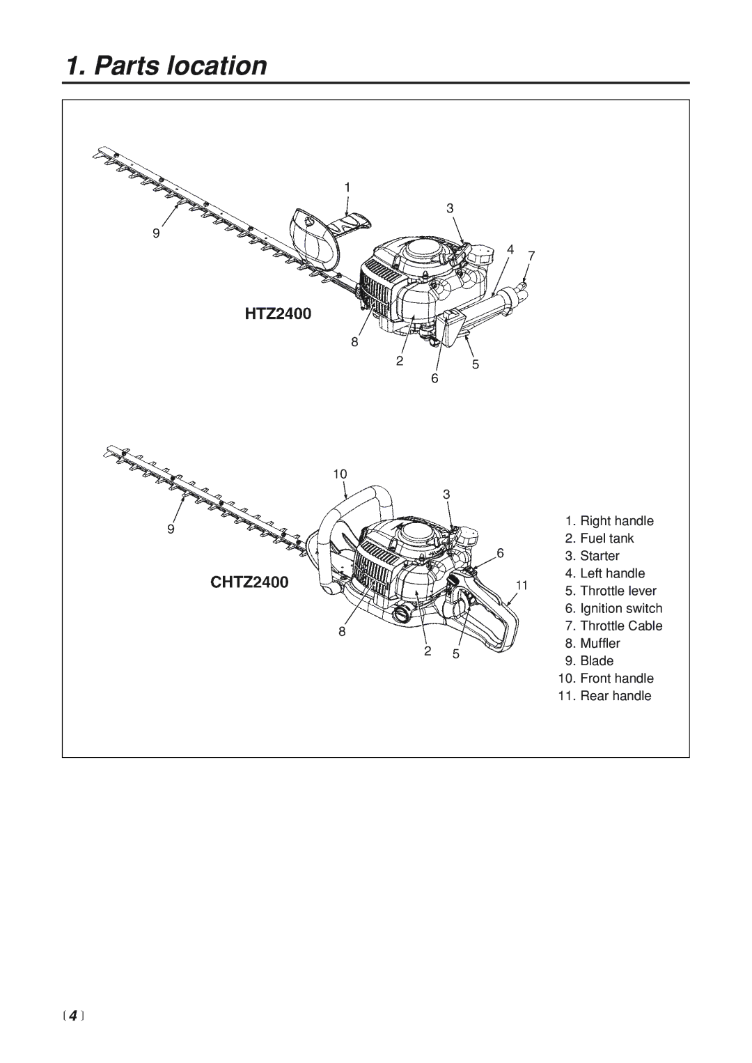 RedMax CHTZ2400 manual Parts location,  4  