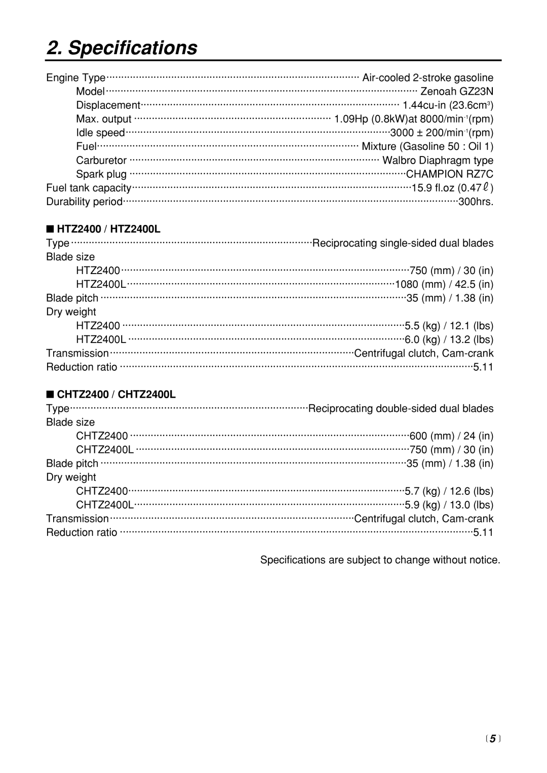 RedMax CHTZ2400 manual Specifications,  5  