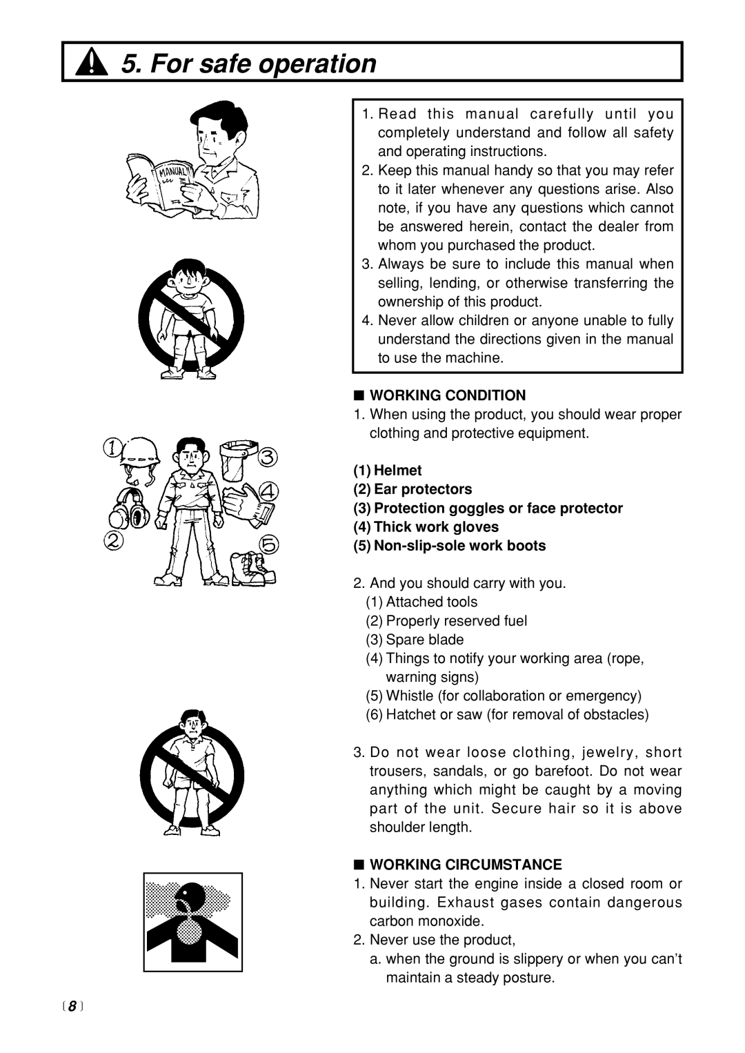 RedMax CHTZ2400 manual For safe operation, Working Condition, Working Circumstance,  8  