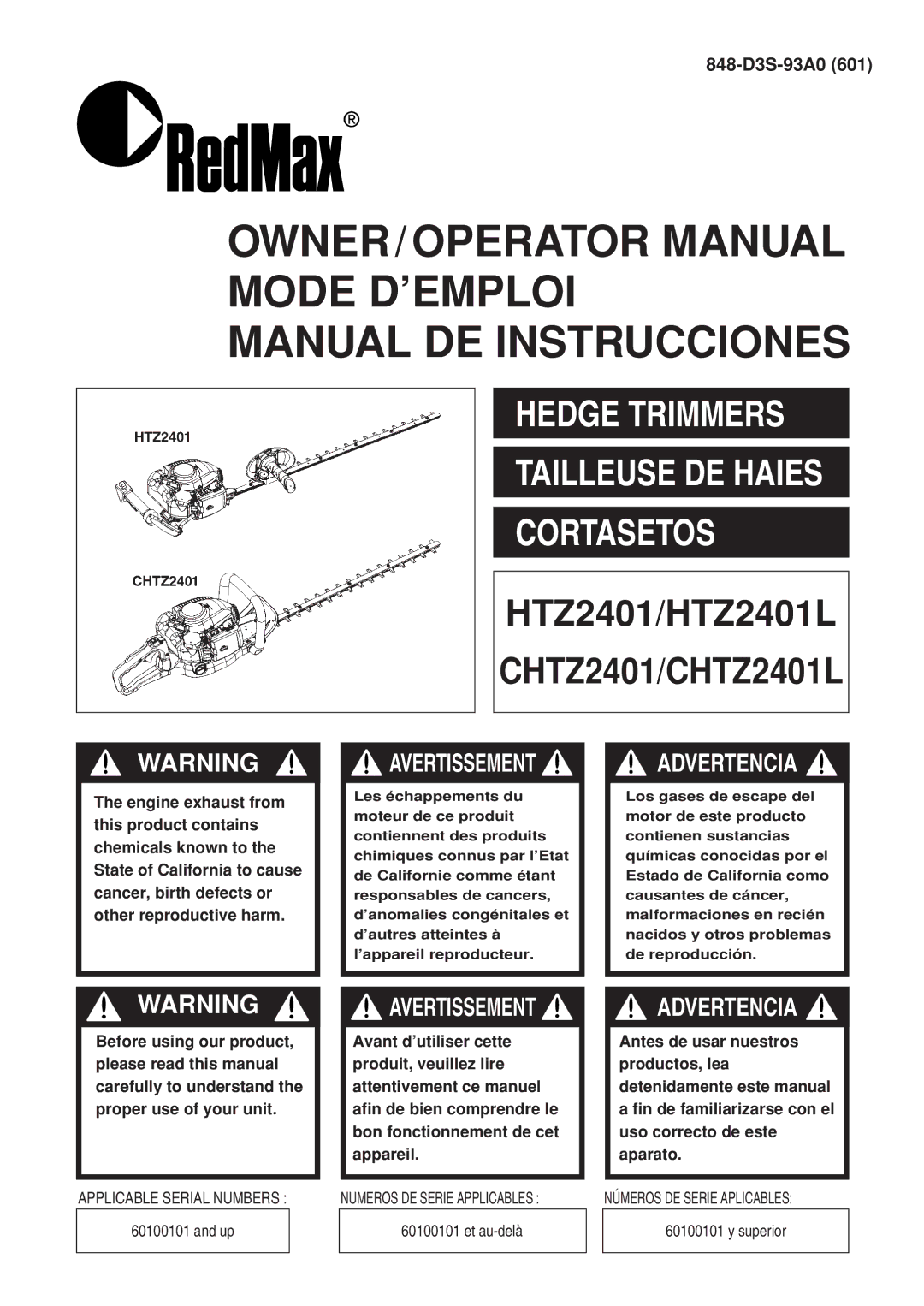 RedMax CHTZ2401L manual OWNER/OPERATOR Manual Mode D’EMPLOI Manual DE Instrucciones 