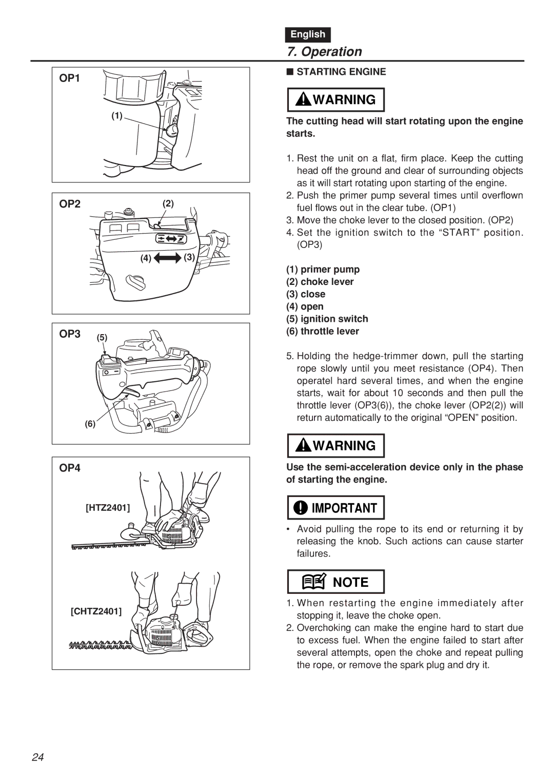 RedMax CHTZ2401L manual Operation, Starting Engine, Cutting head will start rotating upon the engine starts 