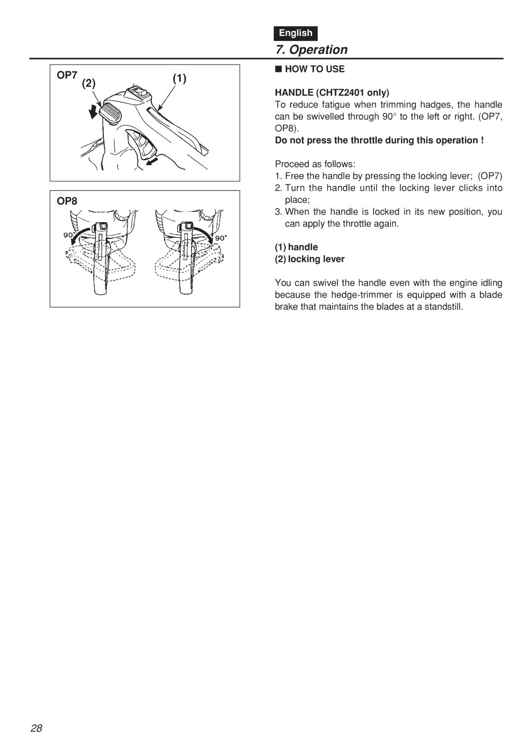 RedMax manual HOW to USE, Handle CHTZ2401 only, Do not press the throttle during this operation, Handle Locking lever 