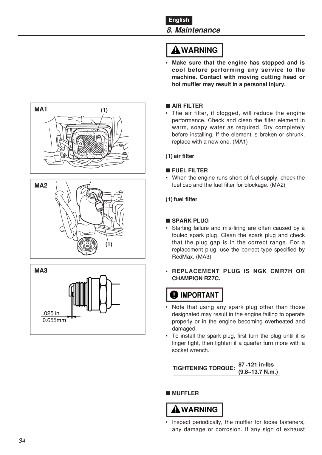 RedMax CHTZ2401L manual AIR Filter, Fuel Filter, Spark Plug, Replacement Plug is NGK CMR7H or Champion RZ7C 