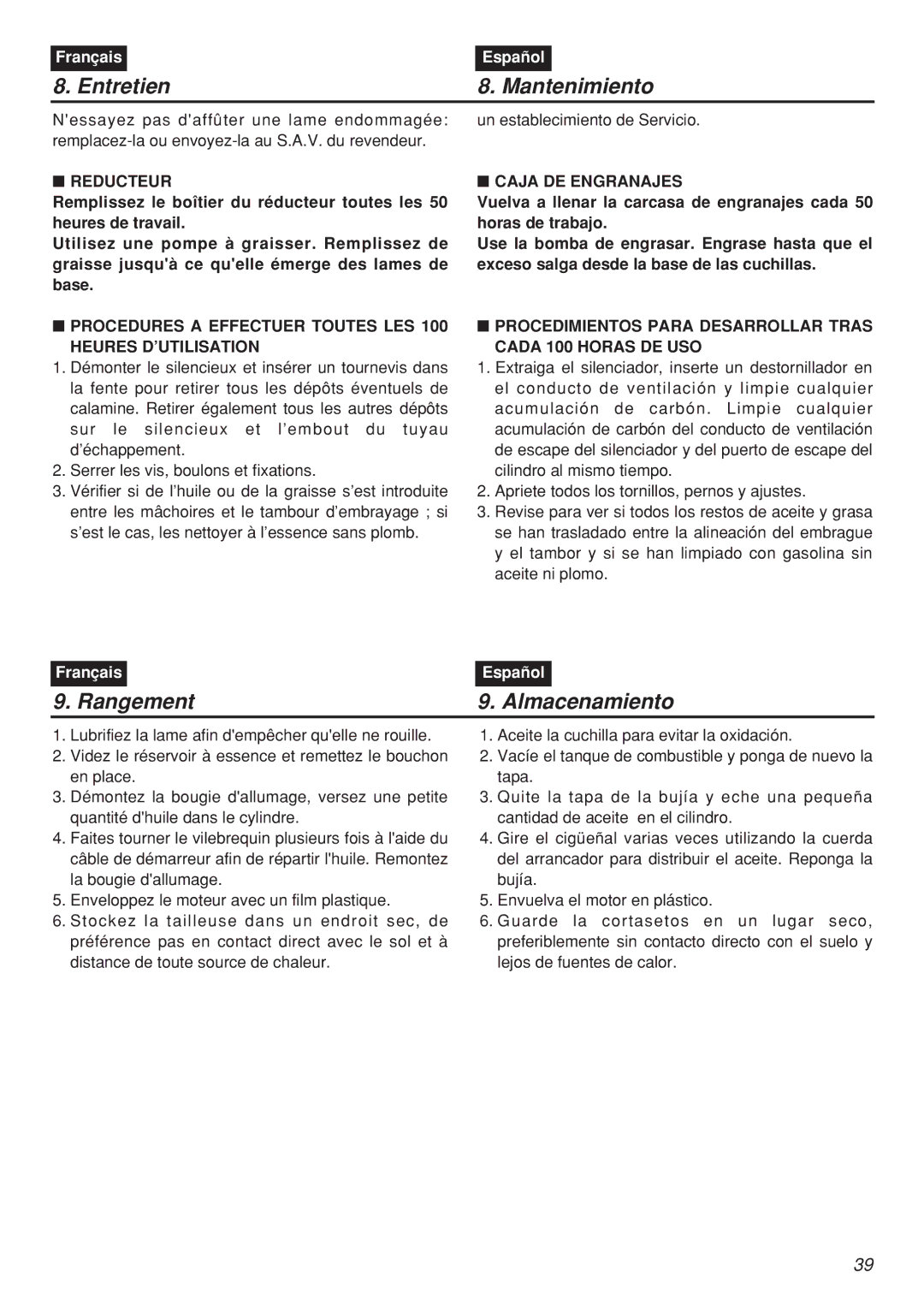 RedMax CHTZ2401, HTZ2401L Rangement Almacenamiento, Reducteur, Procedures a Effectuer Toutes LES 100 Heures D’UTILISATION 