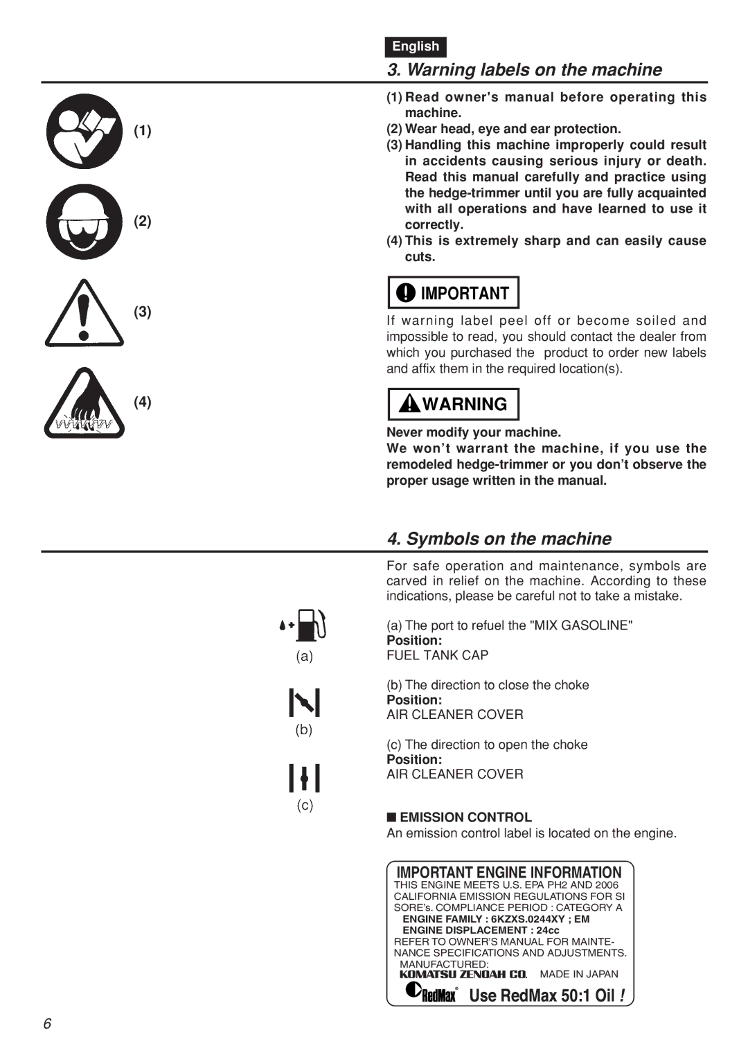 RedMax CHTZ2401L manual Symbols on the machine, Emission Control 