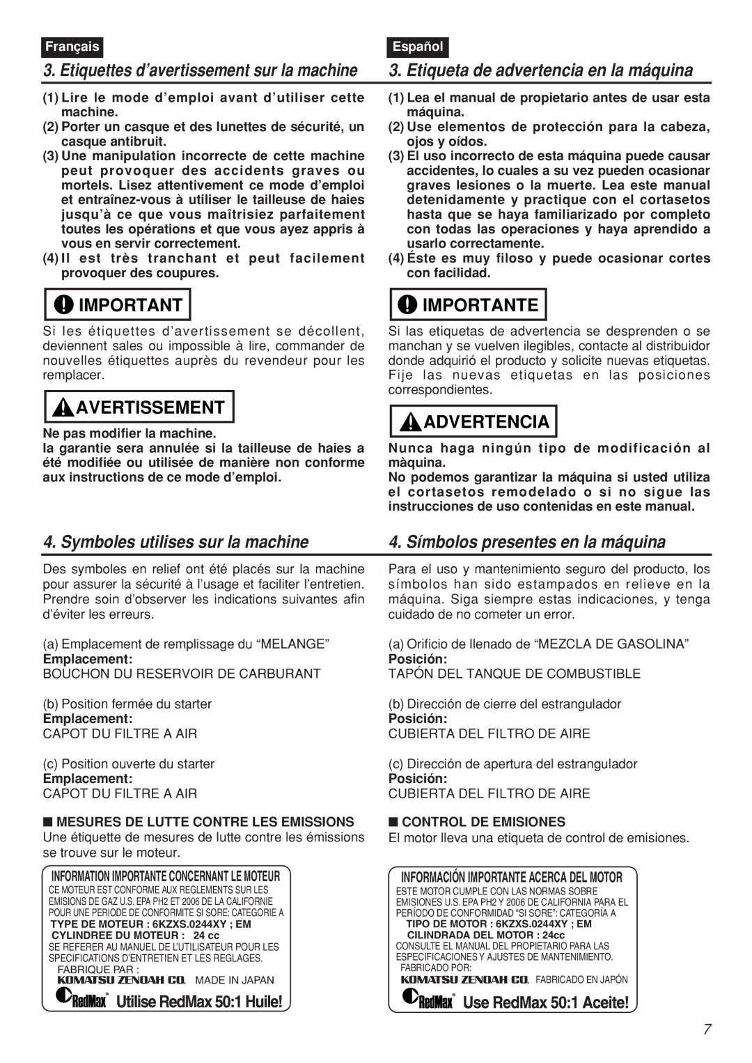 RedMax CHTZ2401, HTZ2401L manual Emplacement, Posición, Control DE Emisiones, Information Importante Concernant LE Moteur 