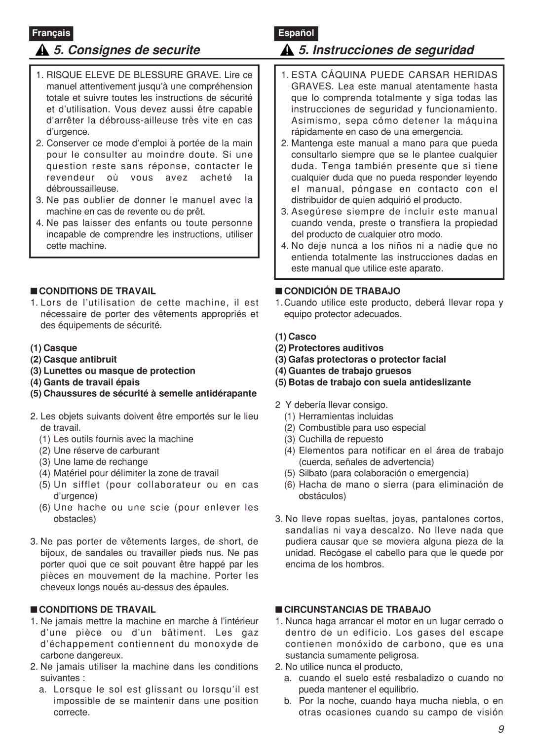 RedMax CHTZ2401L manual Consignes de securite Instrucciones de seguridad, Conditions DE Travail, Condición DE Trabajo 