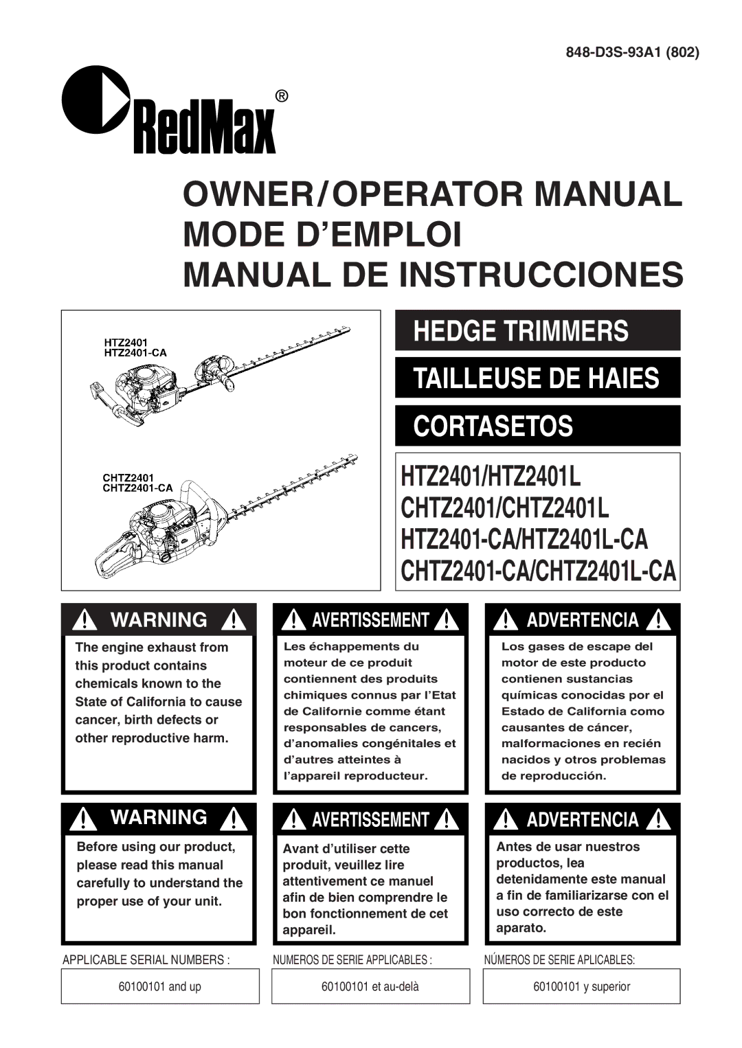 RedMax CHTZ2401-CA, CHTZ2401L-CA manual OWNER/OPERATOR Manual Mode D’EMPLOI Manual DE Instrucciones 