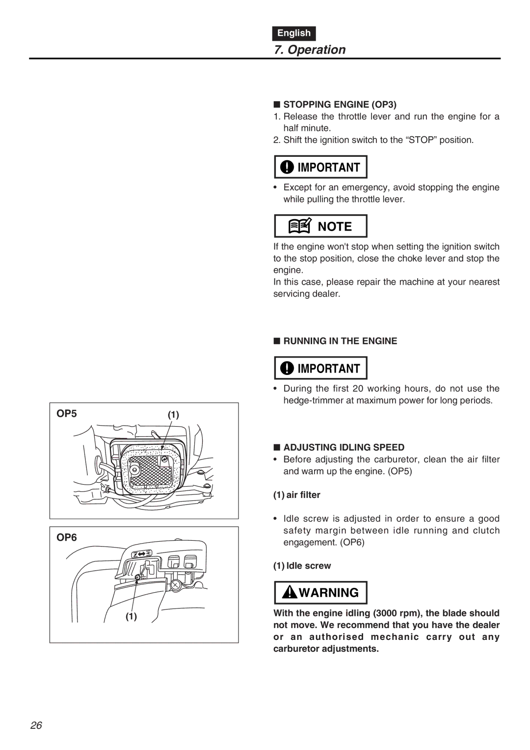 RedMax CHTZ2401-CA, HTZ2401L-CA manual Stopping Engine OP3, Running in the Engine, Adjusting Idling Speed, Air filter 