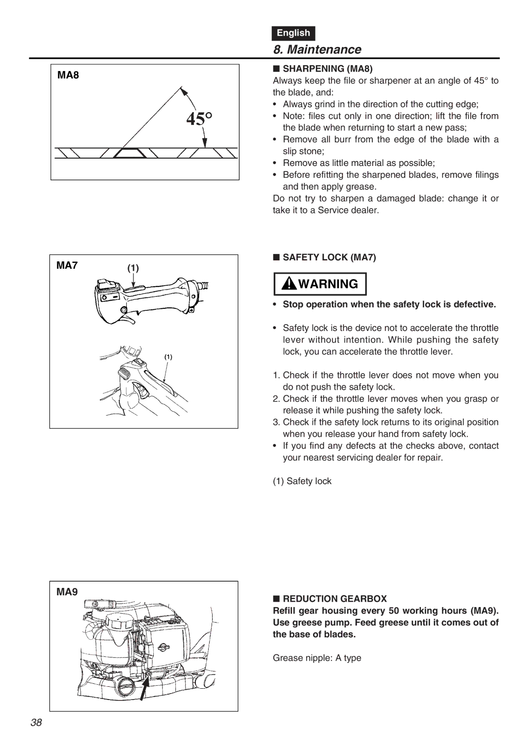 RedMax CHTZ2401-CA, CHTZ2401L-CA manual Sharpening MA8, Safety Lock MA7, Reduction Gearbox 