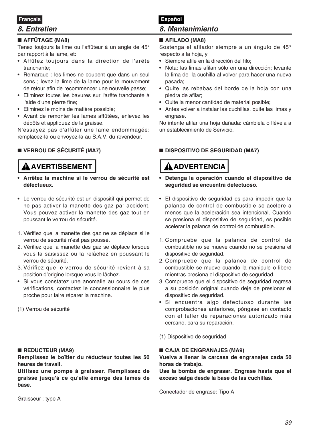 RedMax CHTZ2401L-CA manual Affûtage MA8, Afilado MA8, Verrou DE Sécurité MA7 Dispositivo DE Seguridad MA7, Reducteur MA9 