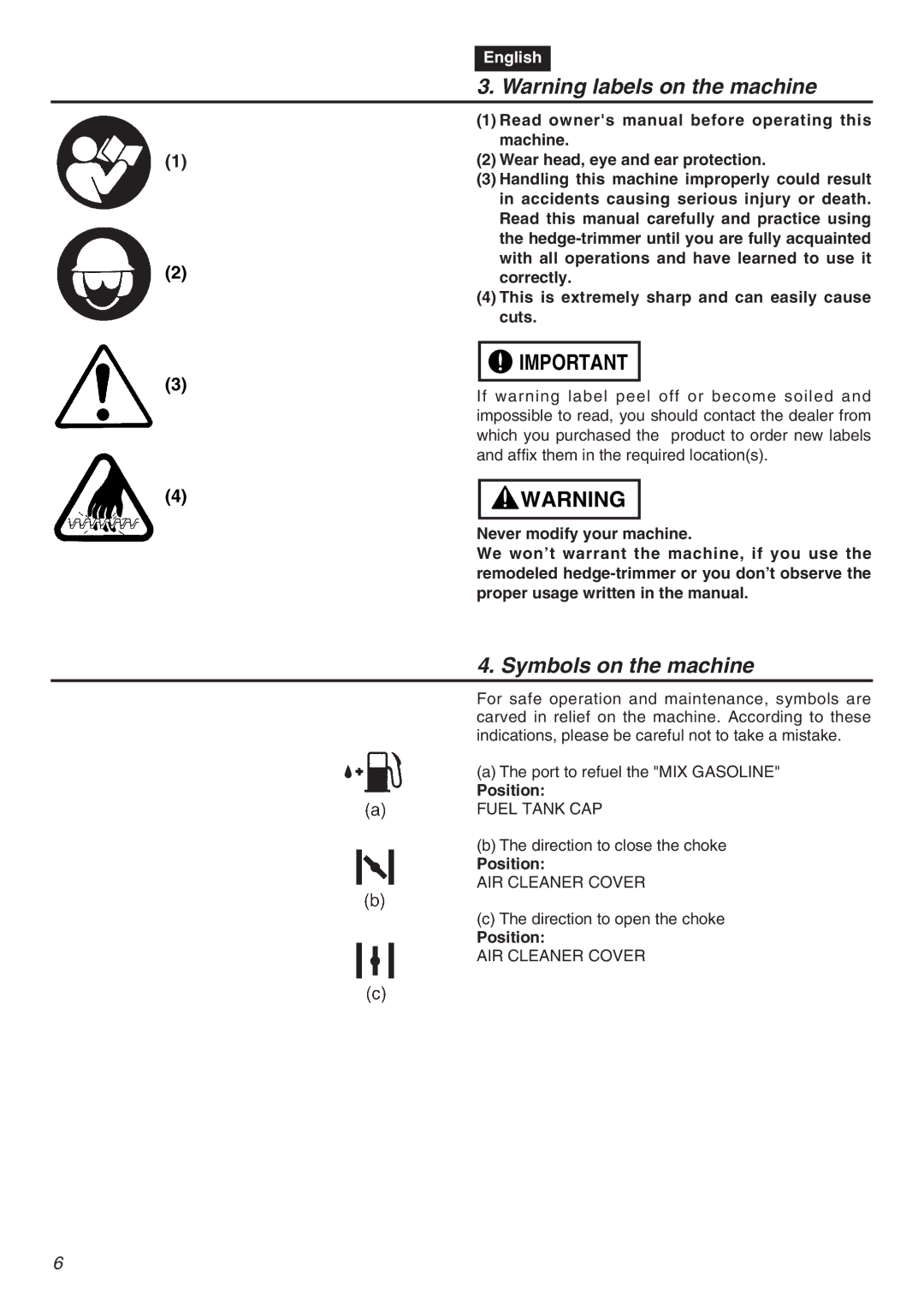 RedMax CHTZ2401-CA, CHTZ2401L-CA manual Symbols on the machine 