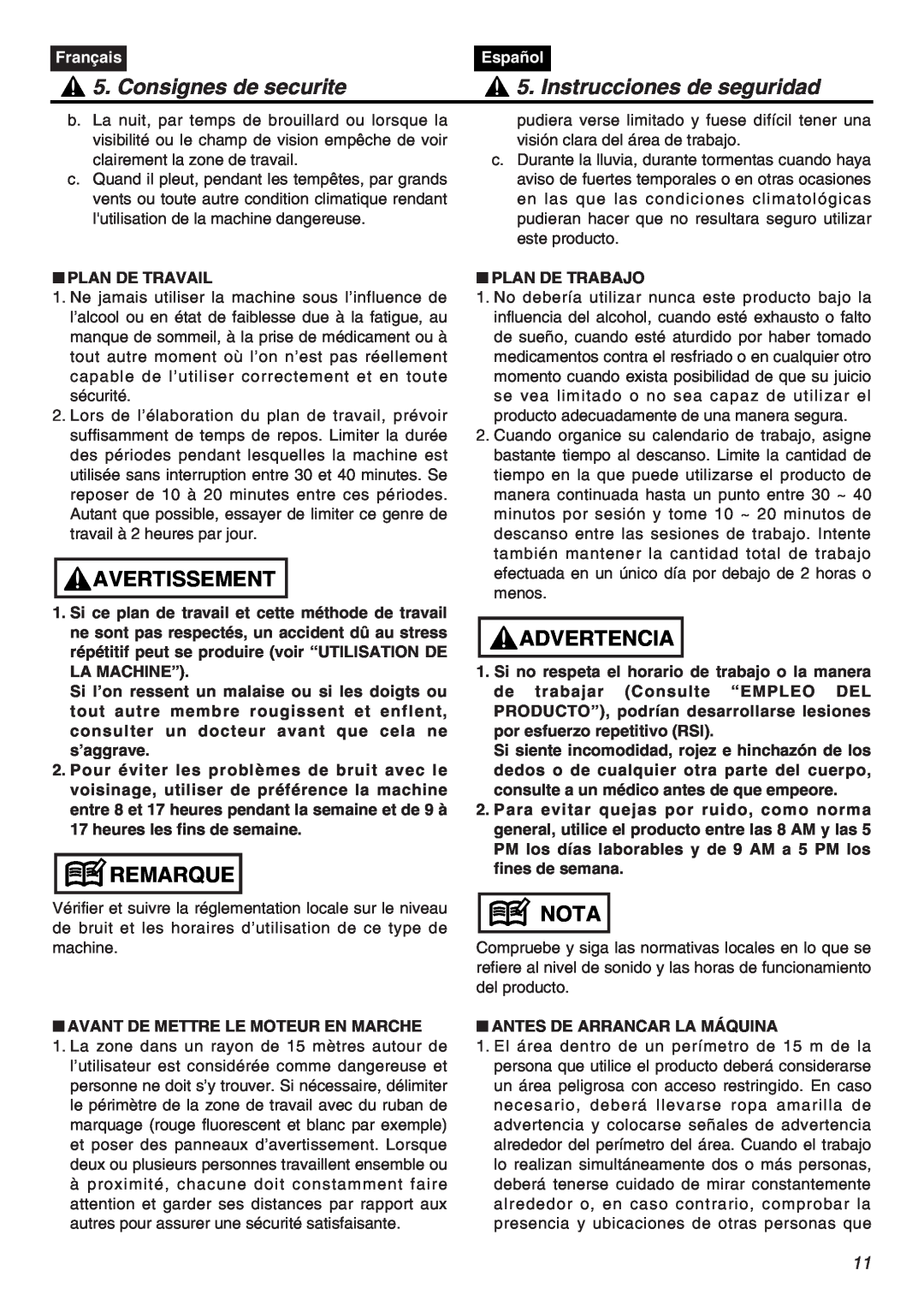 RedMax CHTZ2401L-CA Consignes de securite, Instrucciones de seguridad, Avertissement, Remarque, Advertencia, Nota, Español 