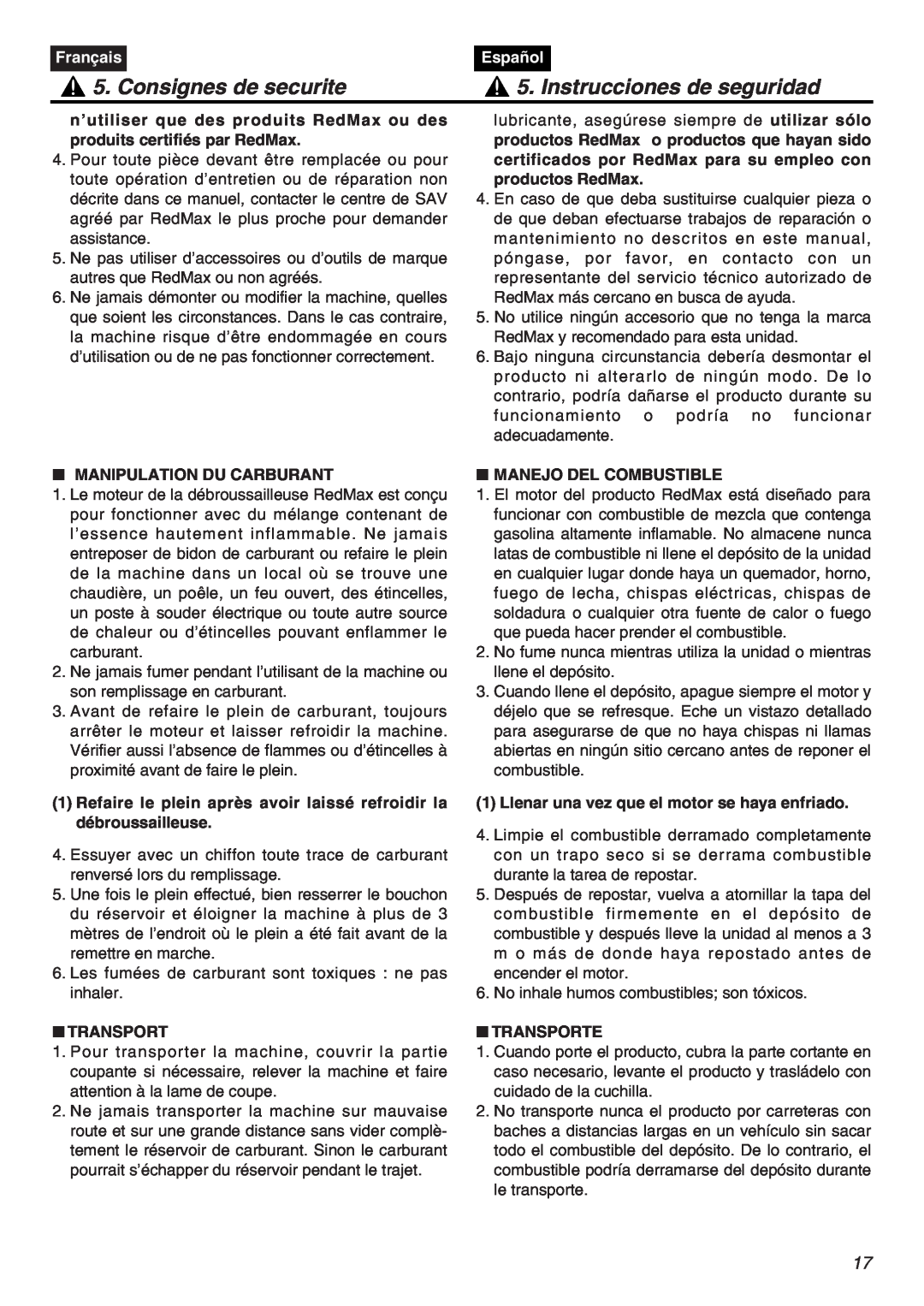 RedMax HTZ2401-CA manual Consignes de securite, Instrucciones de seguridad, Français, Español, Manipulation Du Carburant 