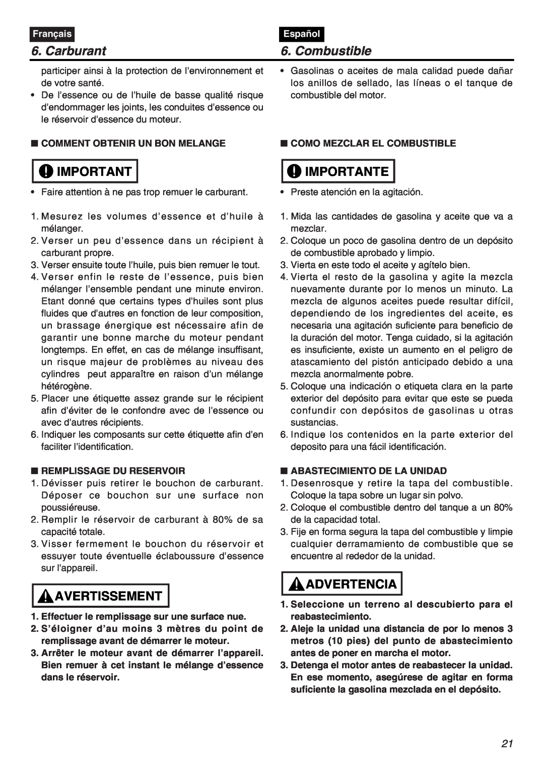 RedMax HTZ2401-CA, HTZ2401L-CA manual Carburant, Combustible, Importante, Avertissement, Advertencia, Français, Español 