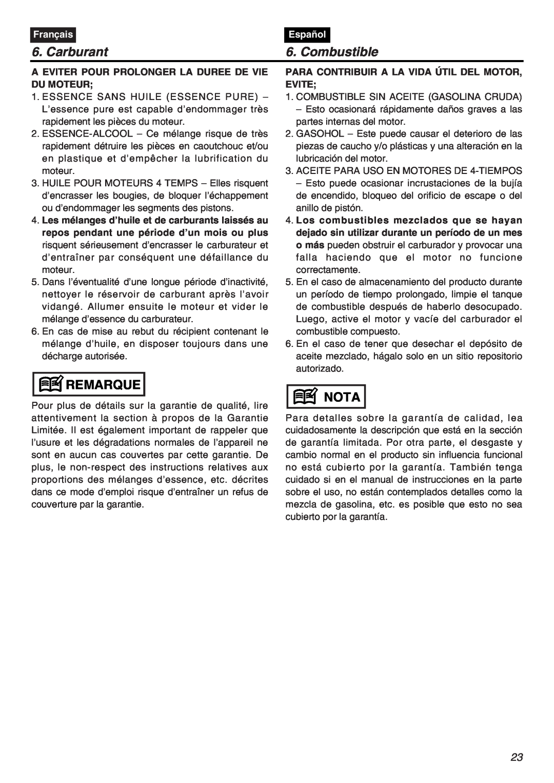 RedMax CHTZ2401L-CA, CHTZ2401-CA manual Carburant, Combustible, Remarque, Nota, Français, Español 