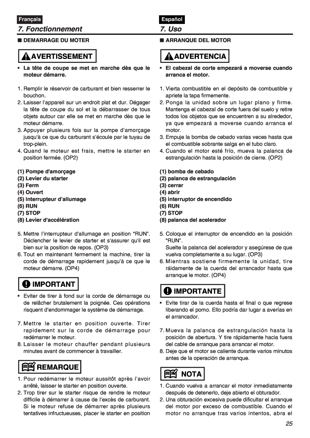 RedMax HTZ2401-CA Fonctionnement, Uso, Demarrage Du Moter, Arranque Del Motor, Avertissement, Advertencia, Remarque, Nota 